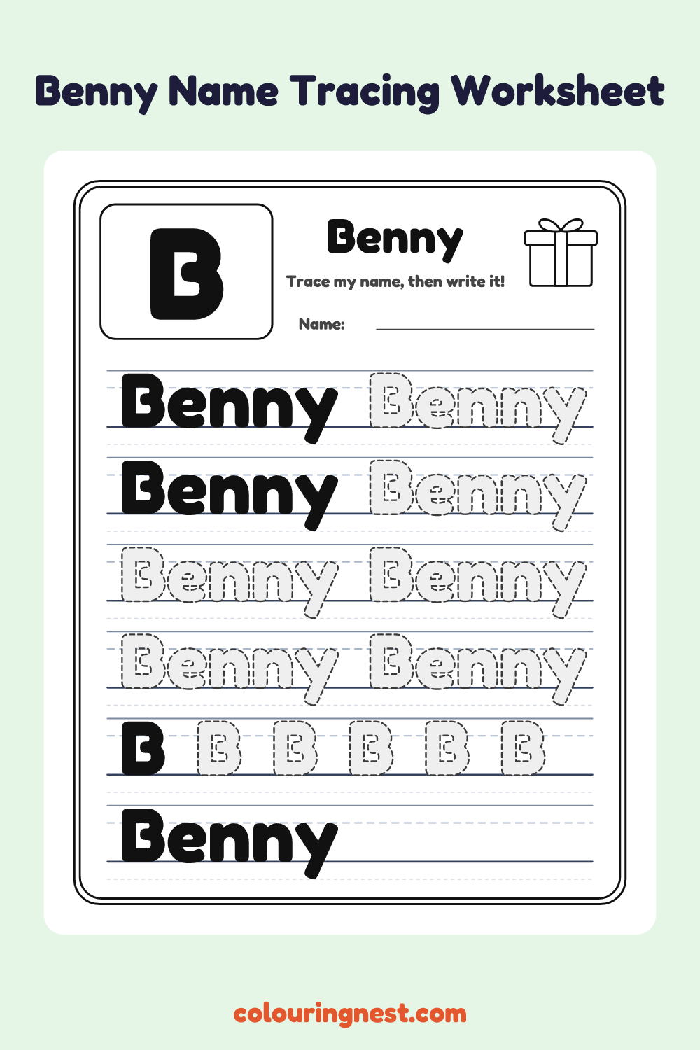 Benny Name Tracing Worksheet: free printable black-and-white line art