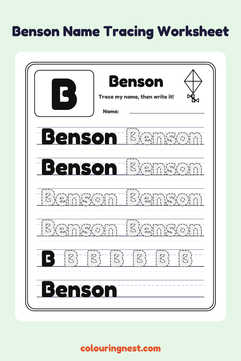 Benson Name Tracing Worksheet: free printable black-and-white line art