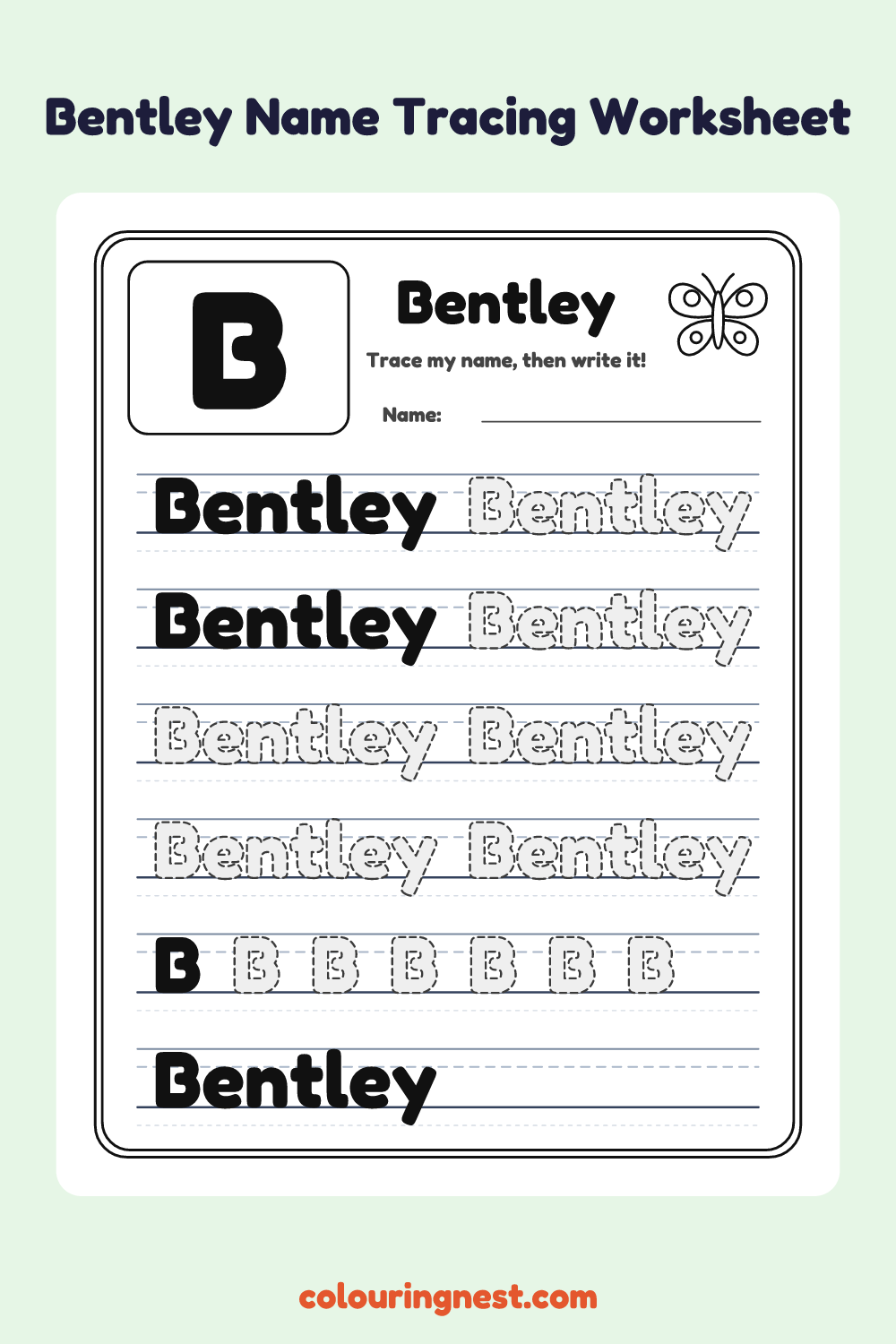 Bentley Name Tracing Worksheet: free printable black-and-white line art