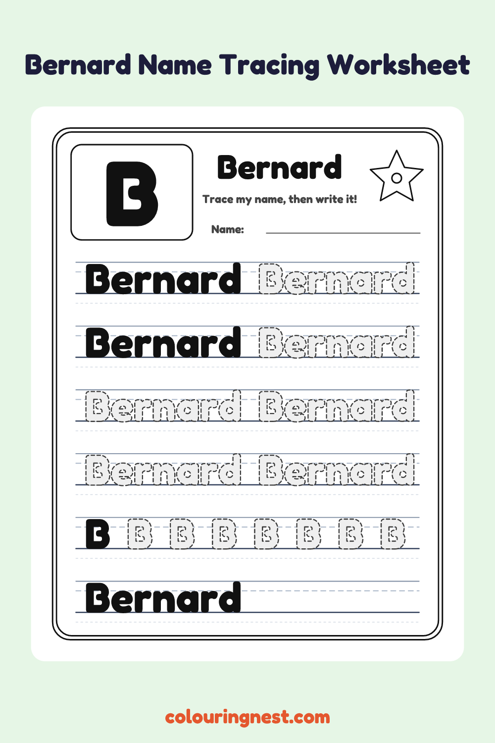 Bernard Name Tracing Worksheet: free printable black-and-white line art