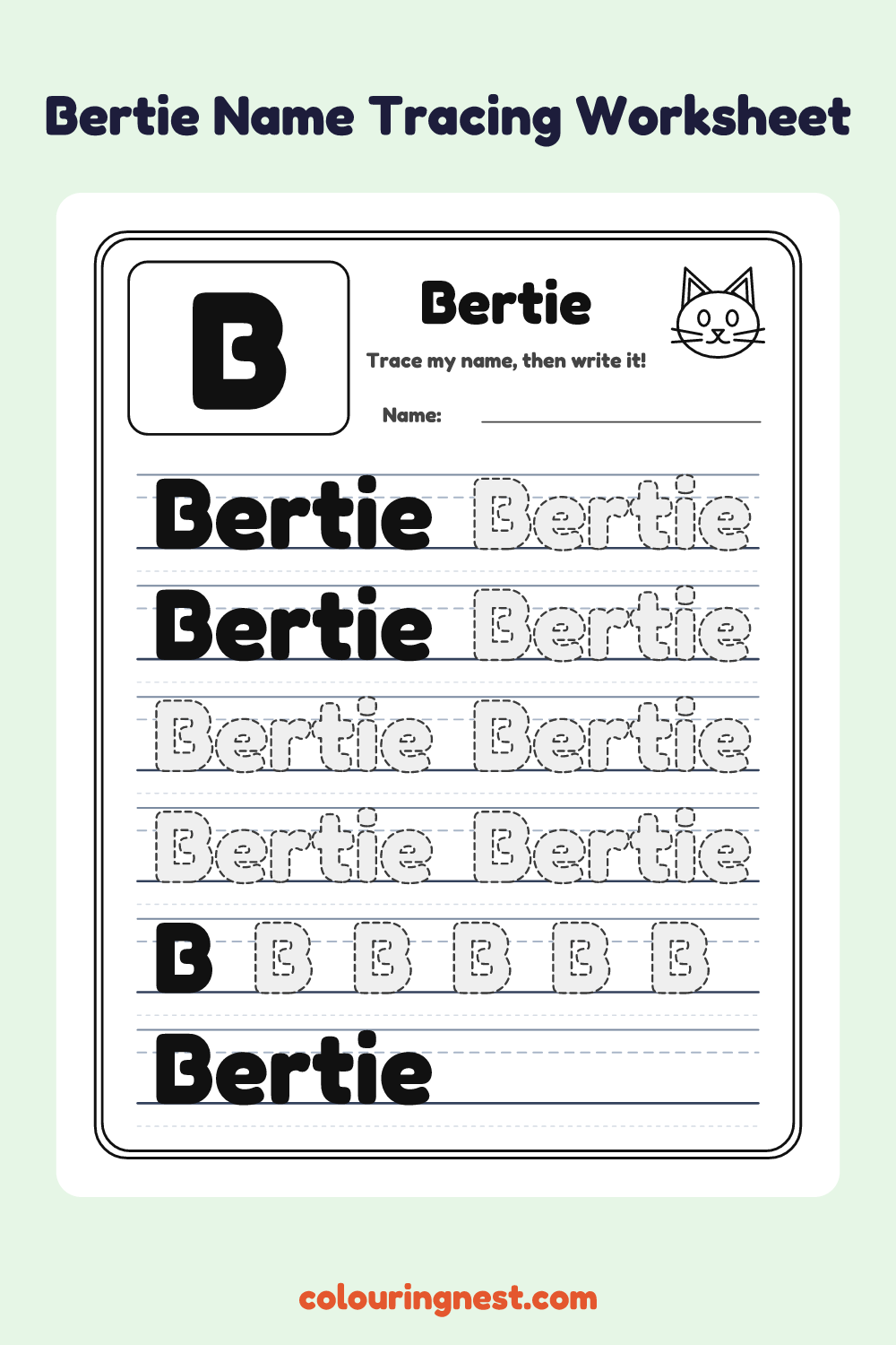 Bertie Name Tracing Worksheet: free printable black-and-white line art