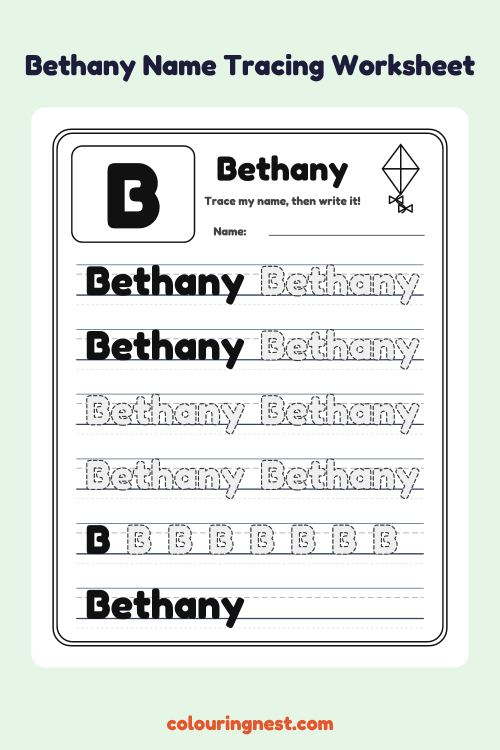 Bethany Name Tracing Worksheet: free printable black-and-white line art