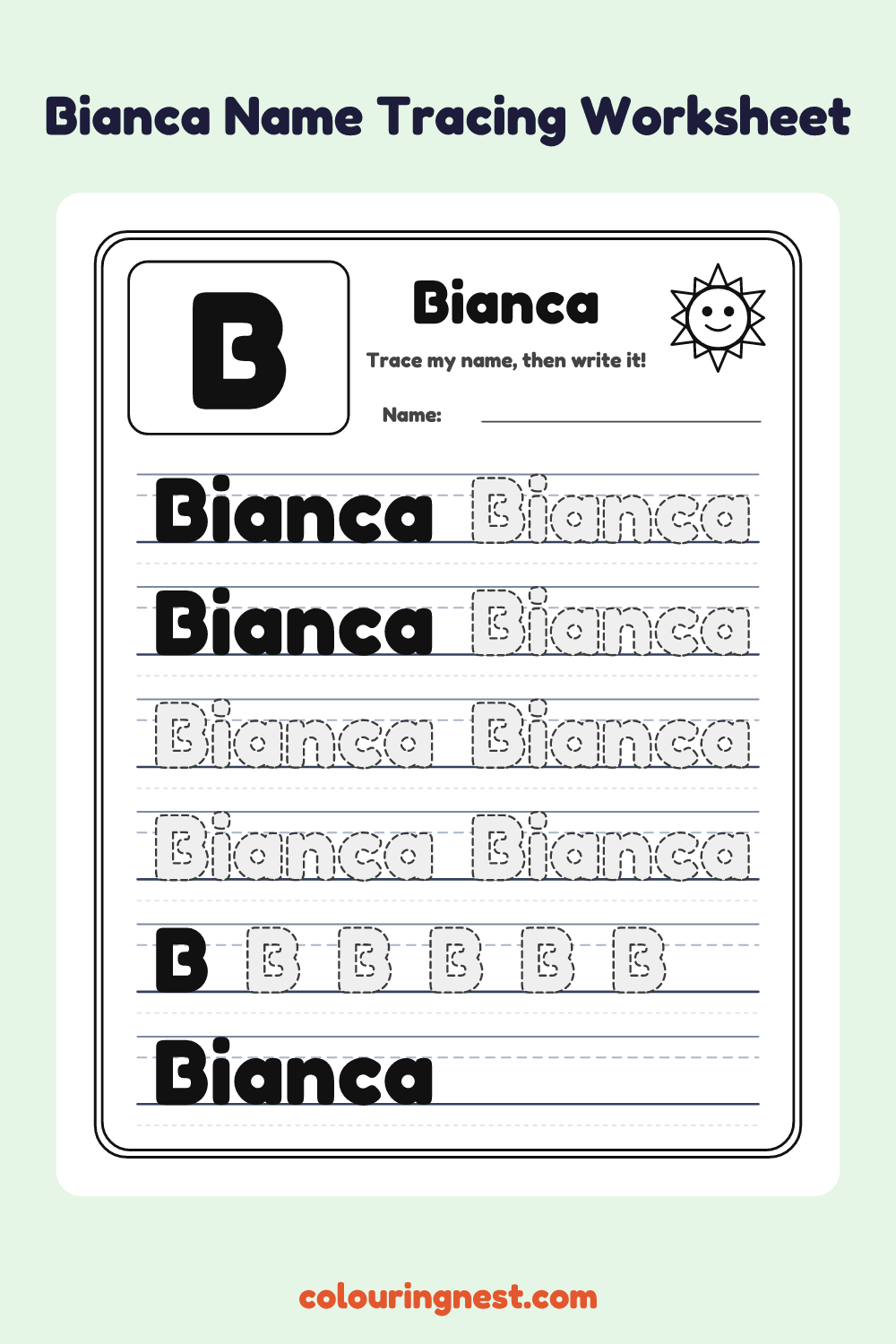 Bianca Name Tracing Worksheet: free printable black-and-white line art