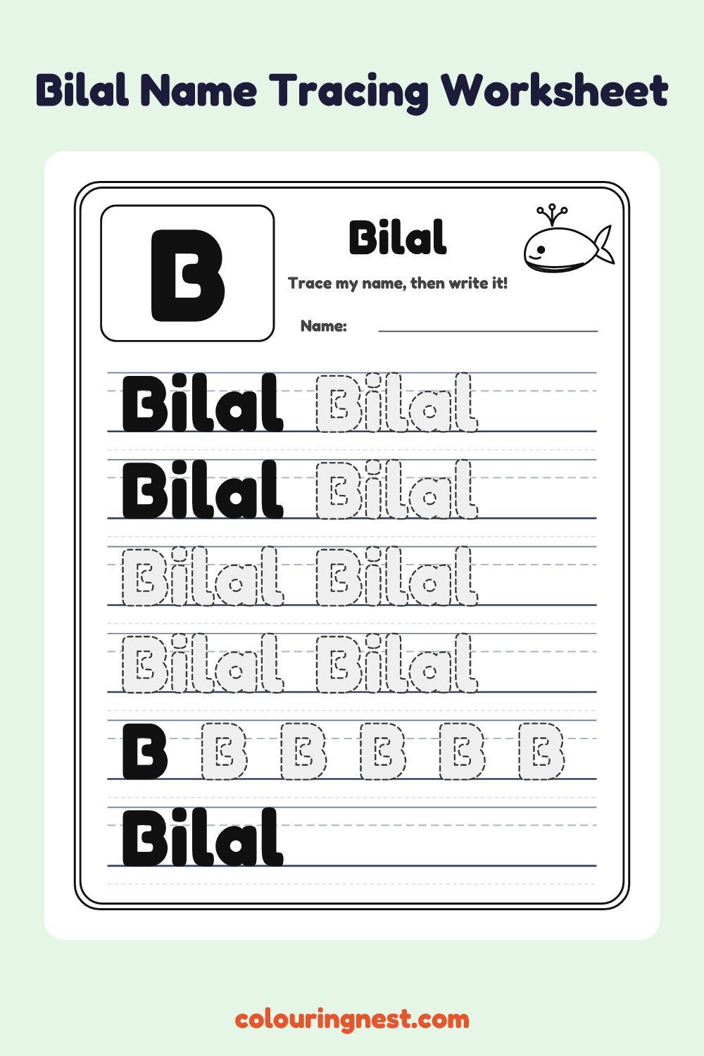 Bilal Name Tracing Worksheet: free printable black-and-white line art