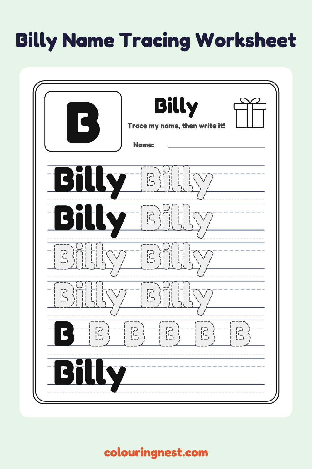 Billy Name Tracing Worksheet: free printable black-and-white line art