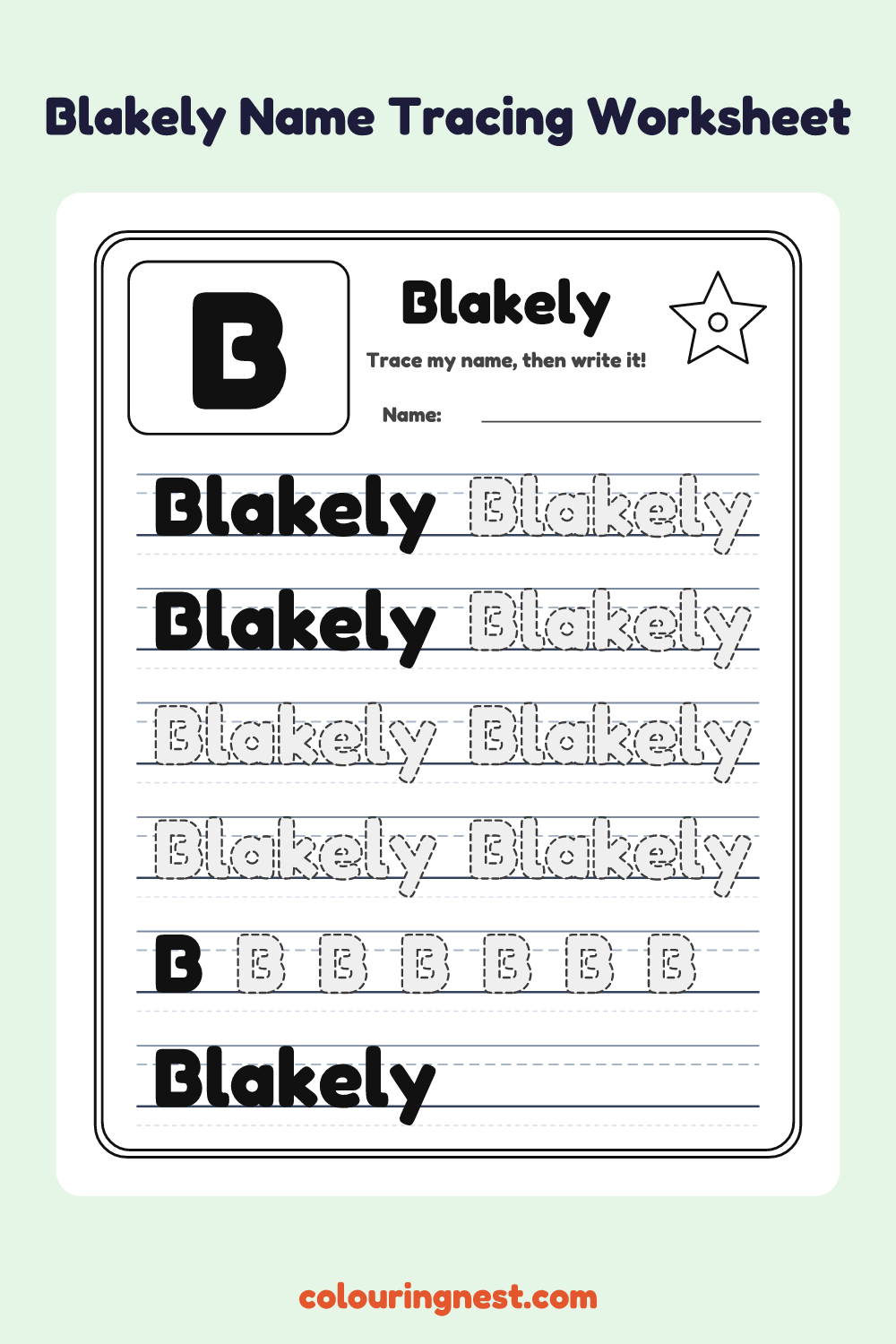 Blakely Name Tracing Worksheet: free printable black-and-white line art