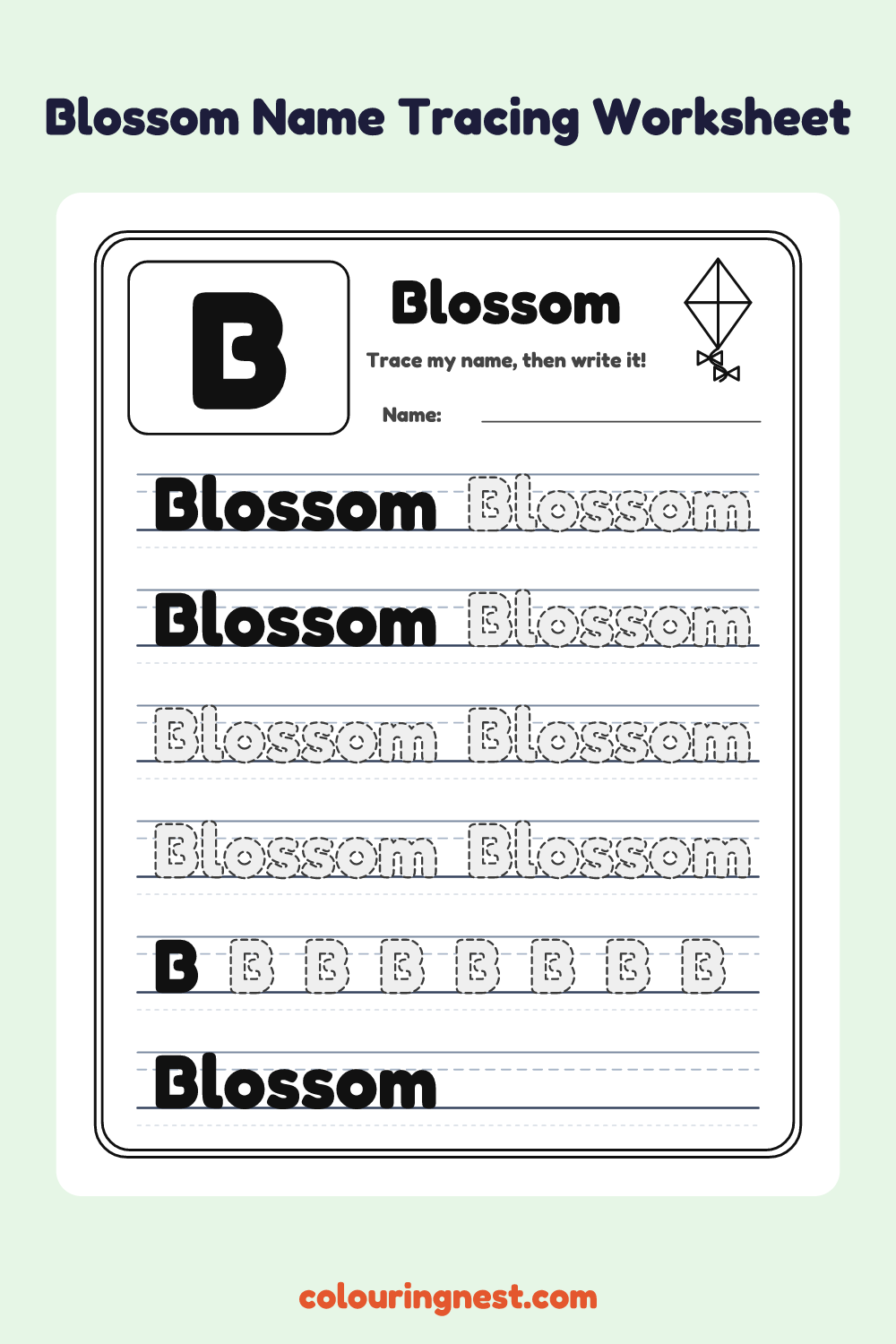Blossom Name Tracing Worksheet: free printable black-and-white line art