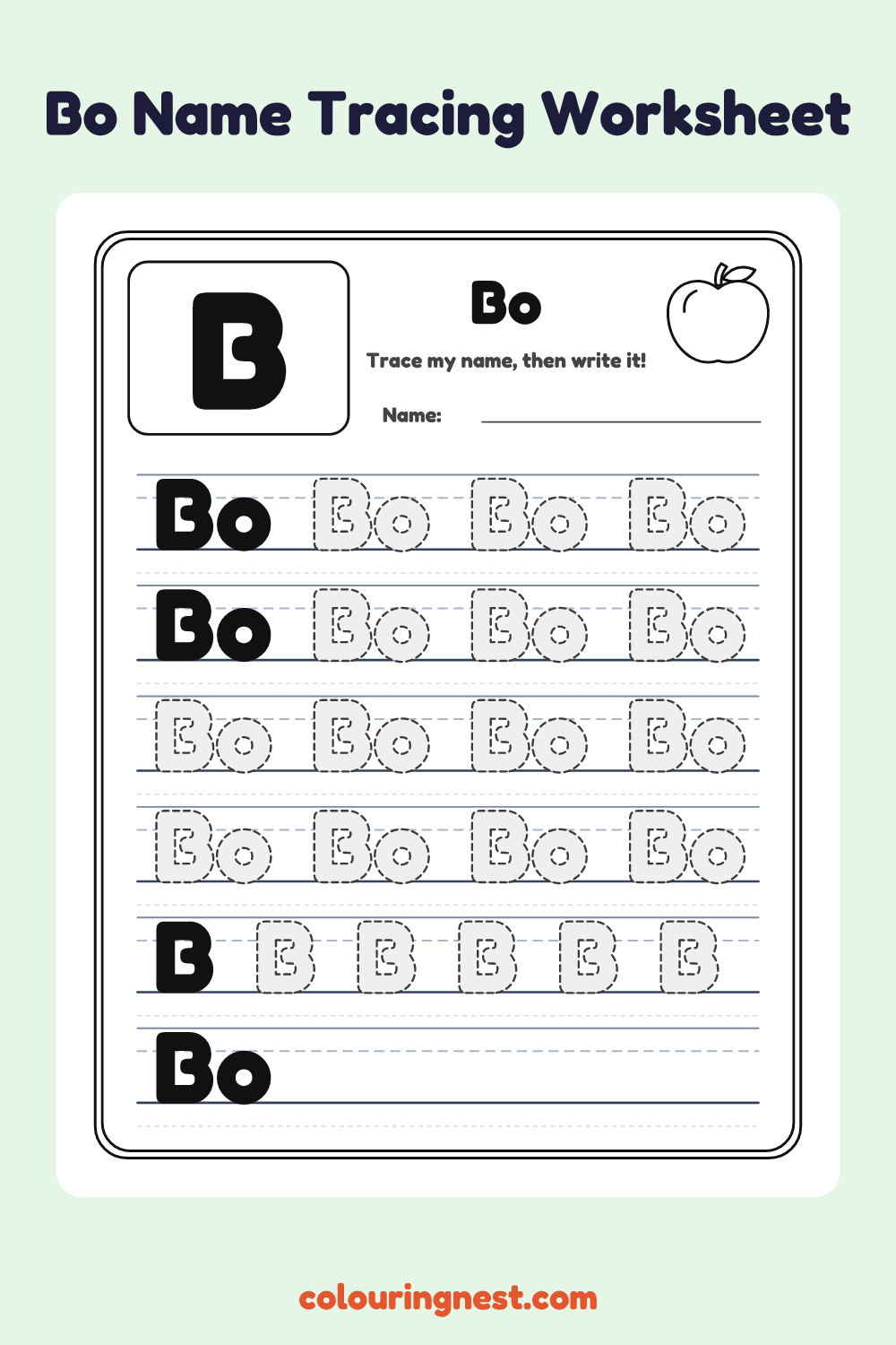 Bo Name Tracing Worksheet: free printable black-and-white line art