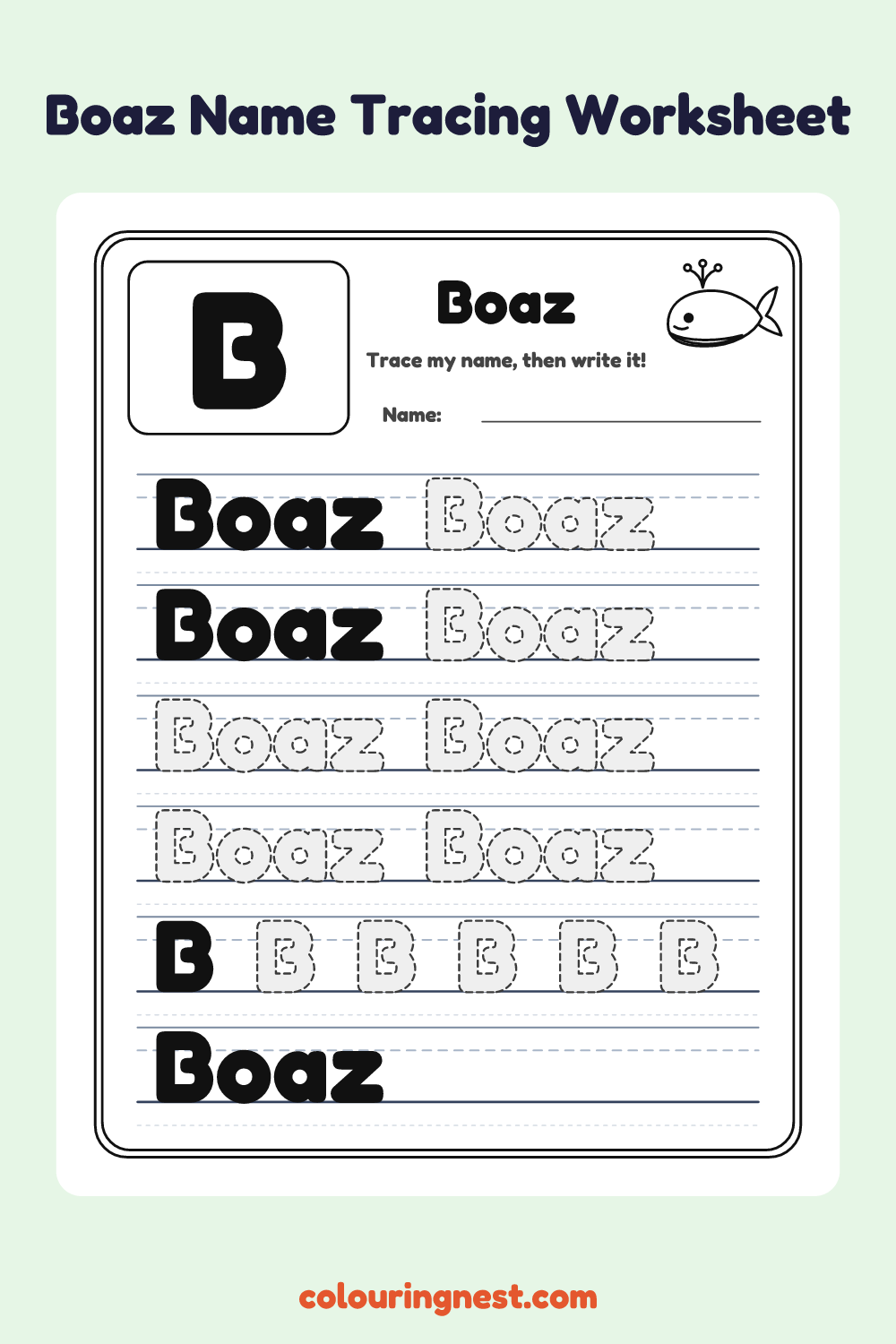 Boaz Name Tracing Worksheet: free printable black-and-white line art