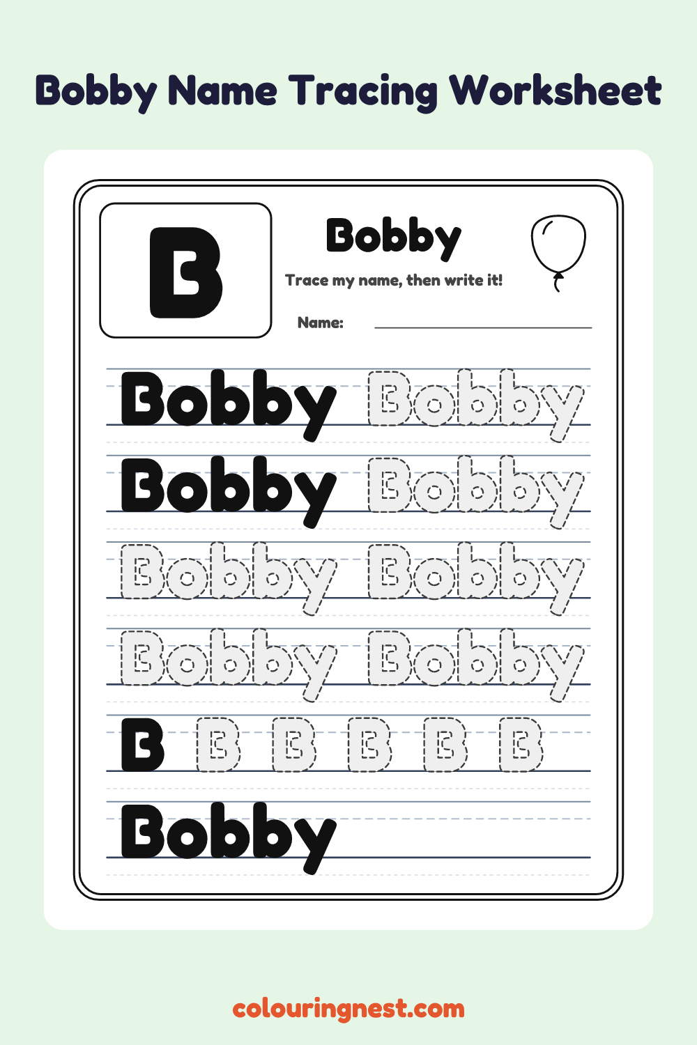 Bobby Name Tracing Worksheet: free printable black-and-white line art
