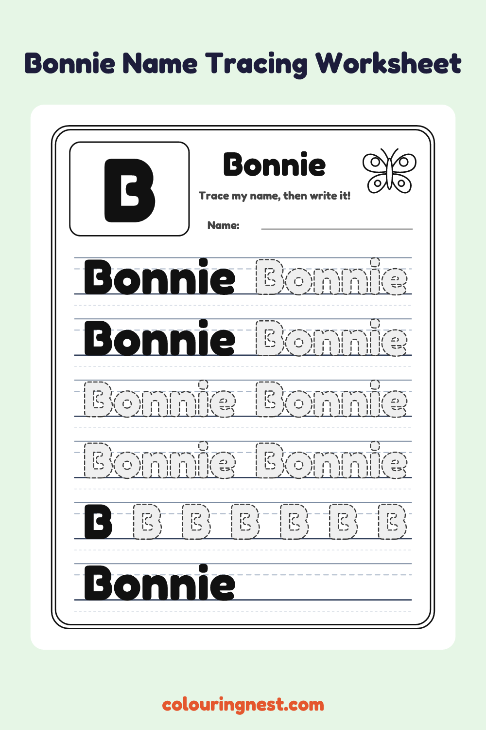 Bonnie Name Tracing Worksheet: free printable black-and-white line art
