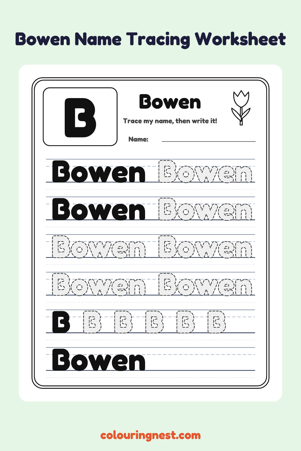 Bowen Name Tracing Worksheet: free printable black-and-white line art