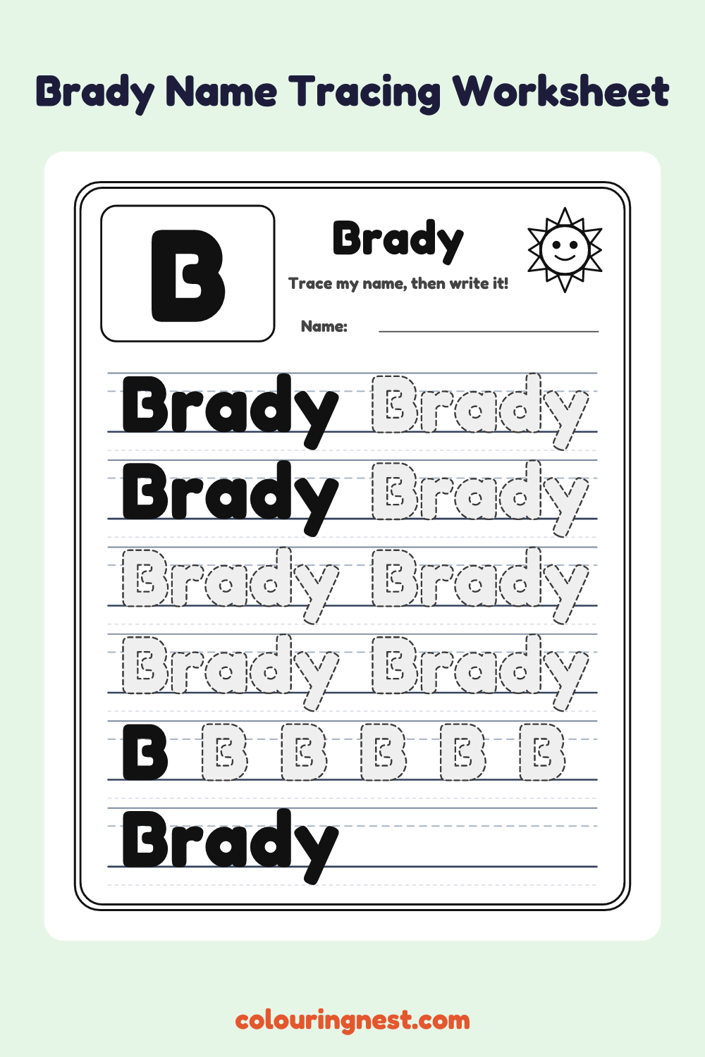 Brady Name Tracing Worksheet: free printable black-and-white line art