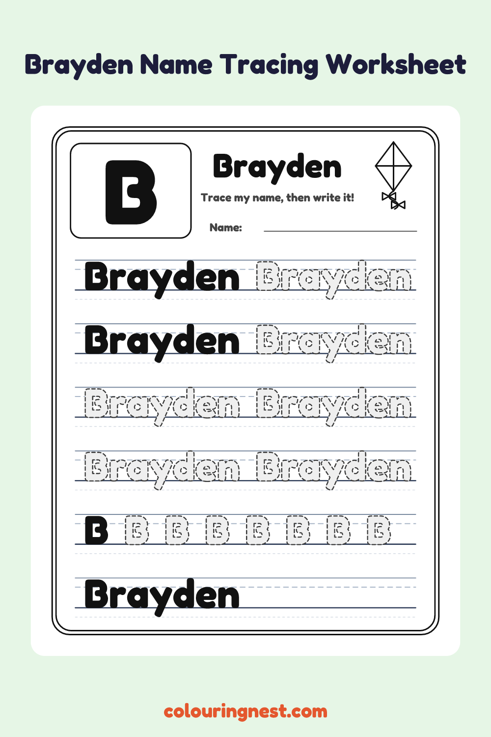 Brayden Name Tracing Worksheet: free printable black-and-white line art