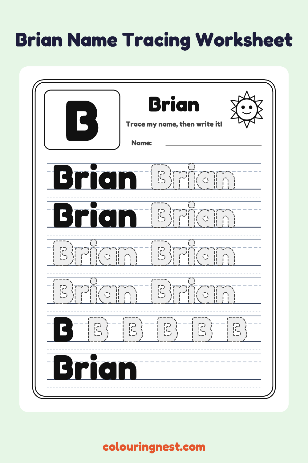 Brian Name Tracing Worksheet: free printable black-and-white line art