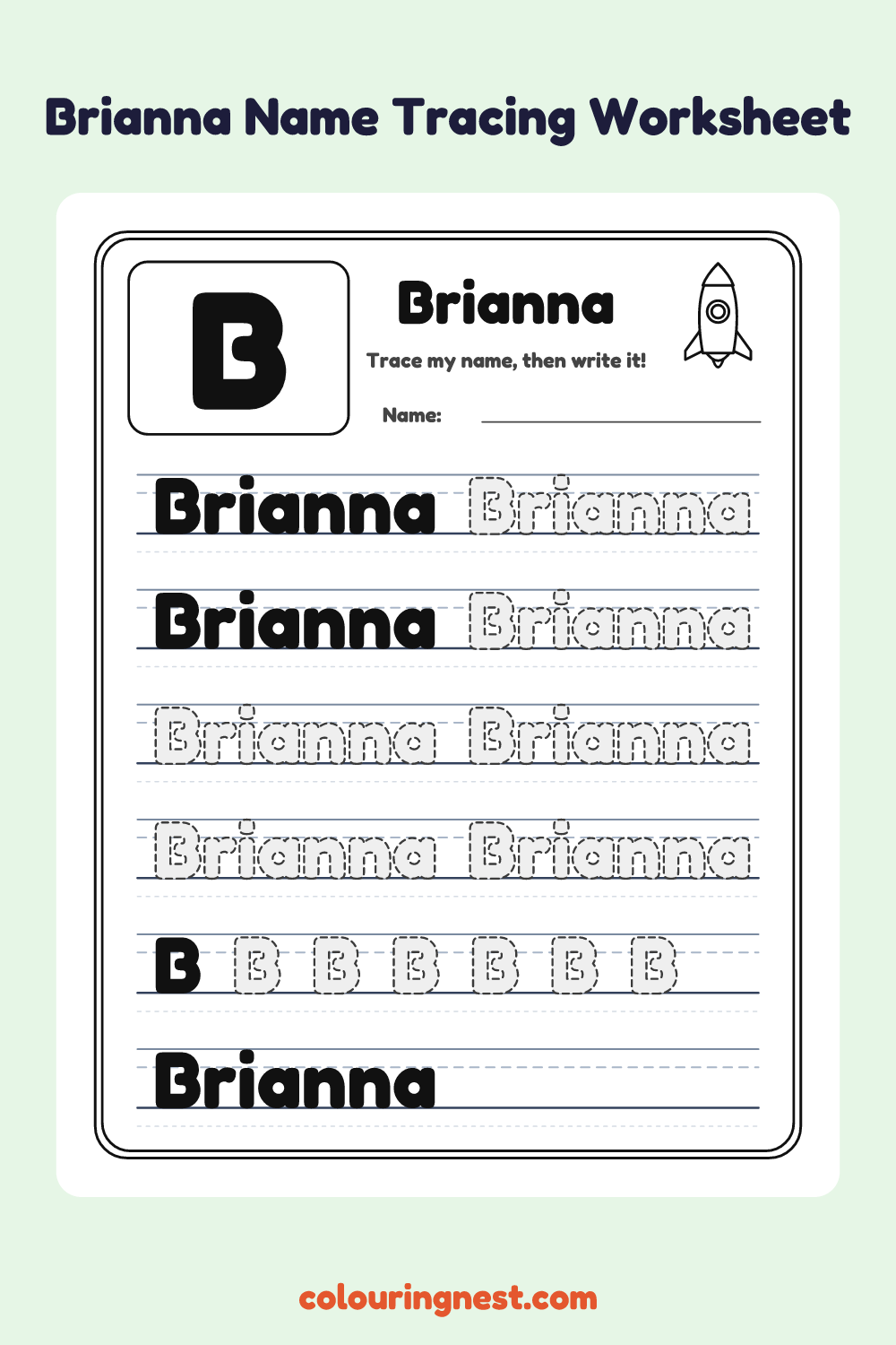 Brianna Name Tracing Worksheet: free printable black-and-white line art