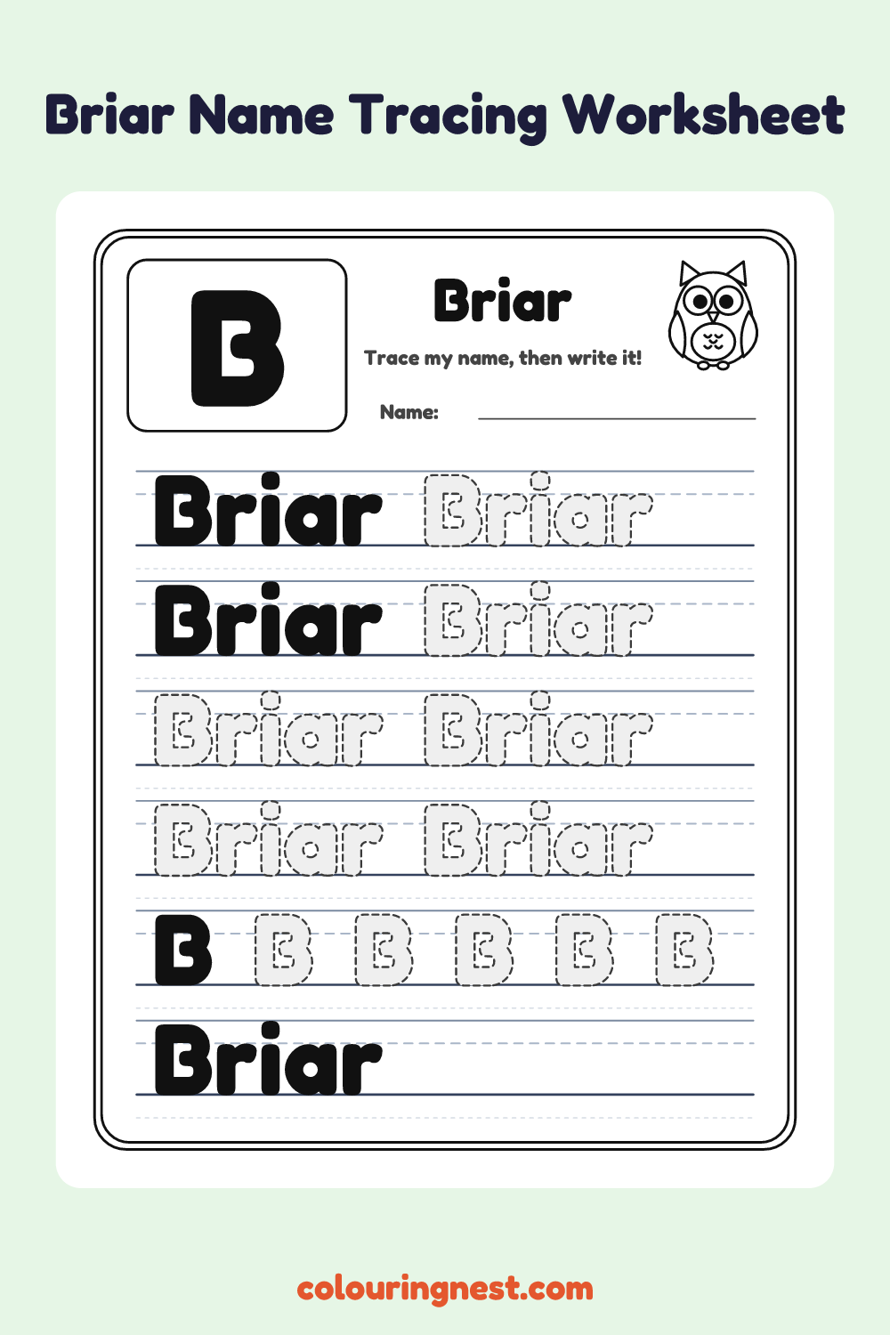 Briar Name Tracing Worksheet: free printable black-and-white line art