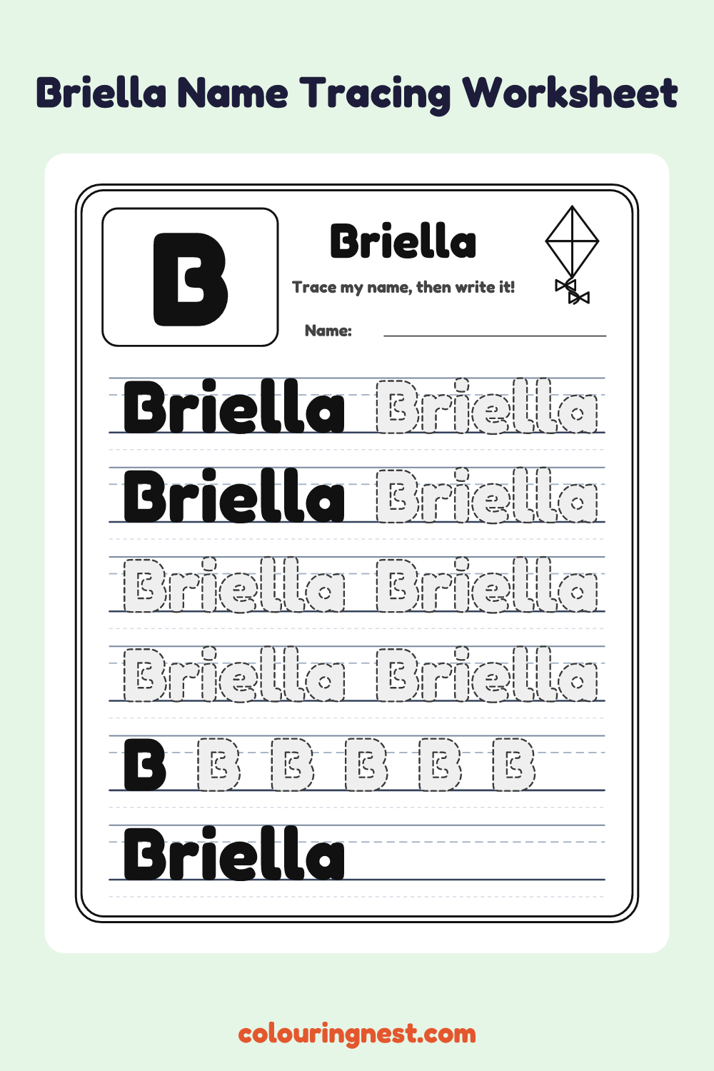 Briella Name Tracing Worksheet: free printable black-and-white line art
