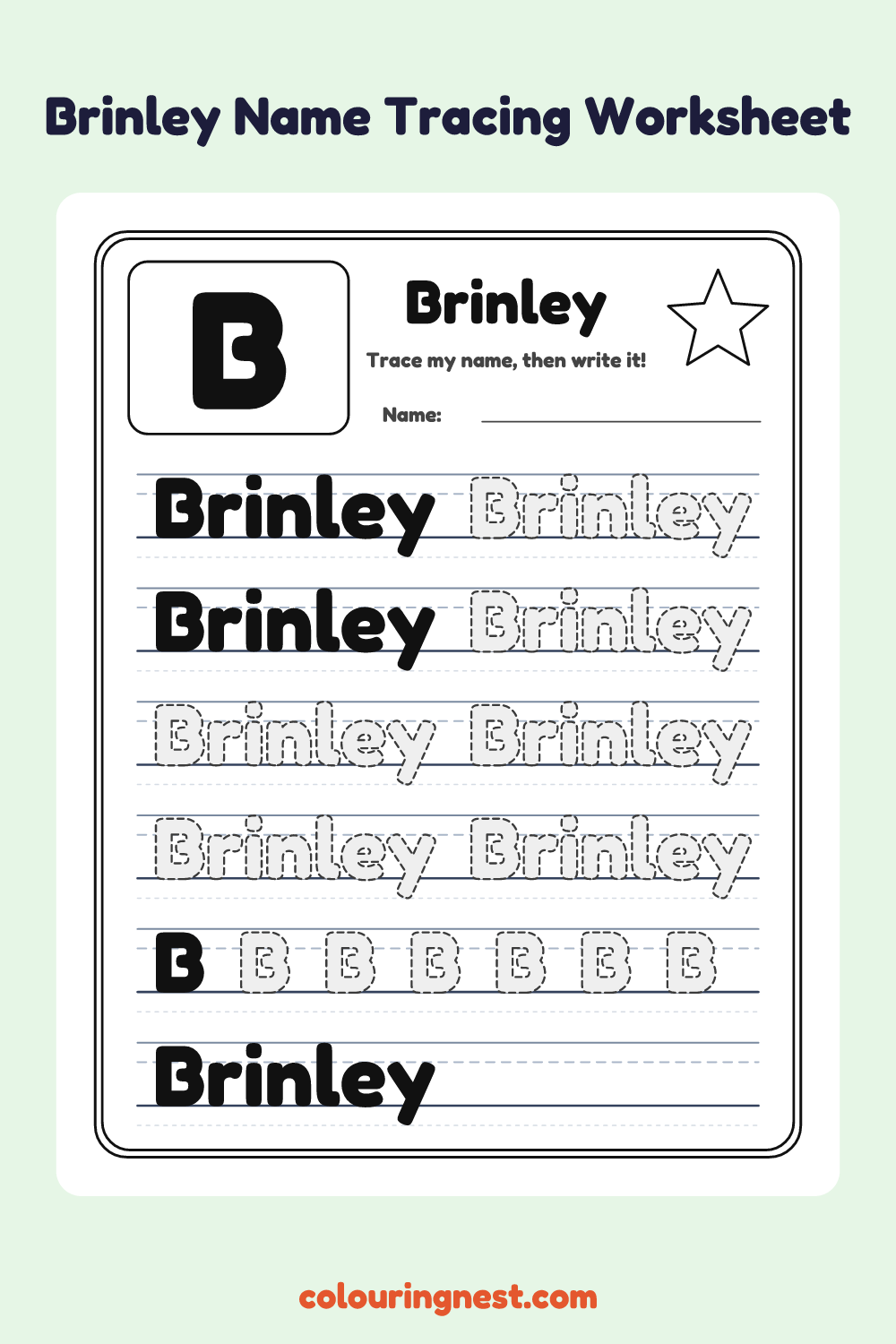 Brinley Name Tracing Worksheet: free printable black-and-white line art