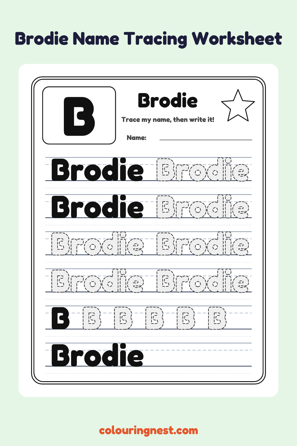 Brodie Name Tracing Worksheet: free printable black-and-white line art