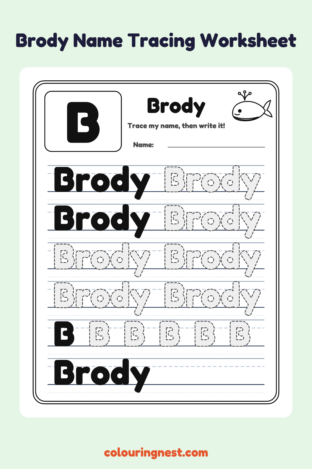 Brody Name Tracing Worksheet: free printable black-and-white line art