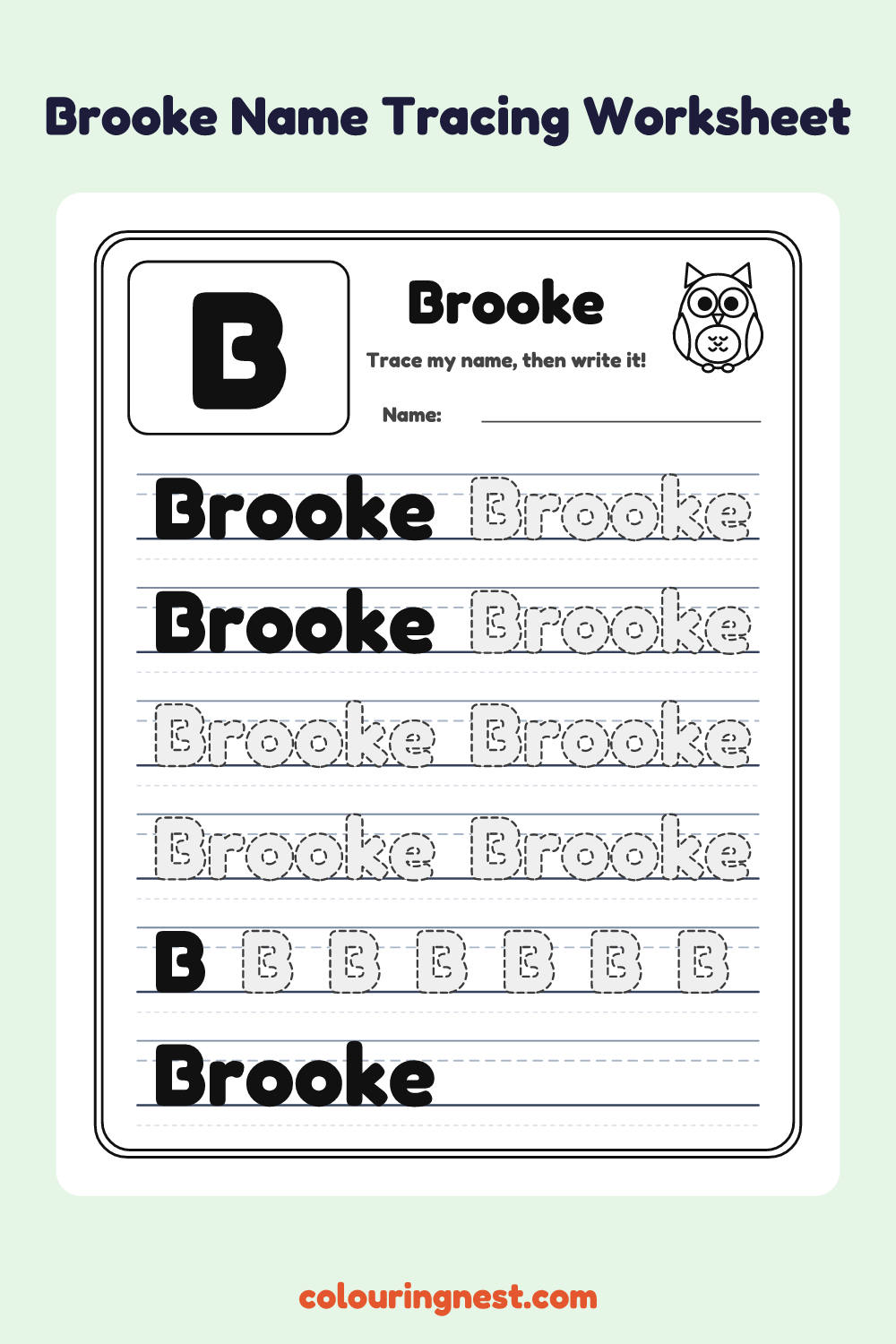Brooke Name Tracing Worksheet: free printable black-and-white line art