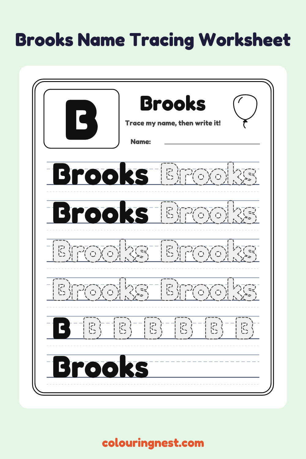 Brooks Name Tracing Worksheet: free printable black-and-white line art