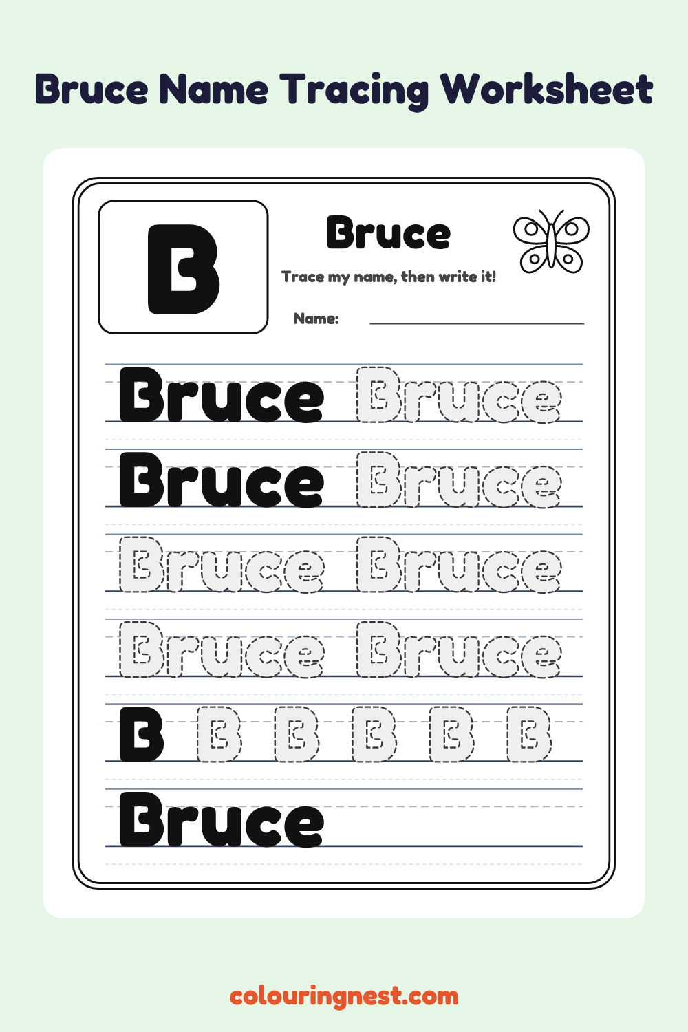 Bruce Name Tracing Worksheet: free printable black-and-white line art