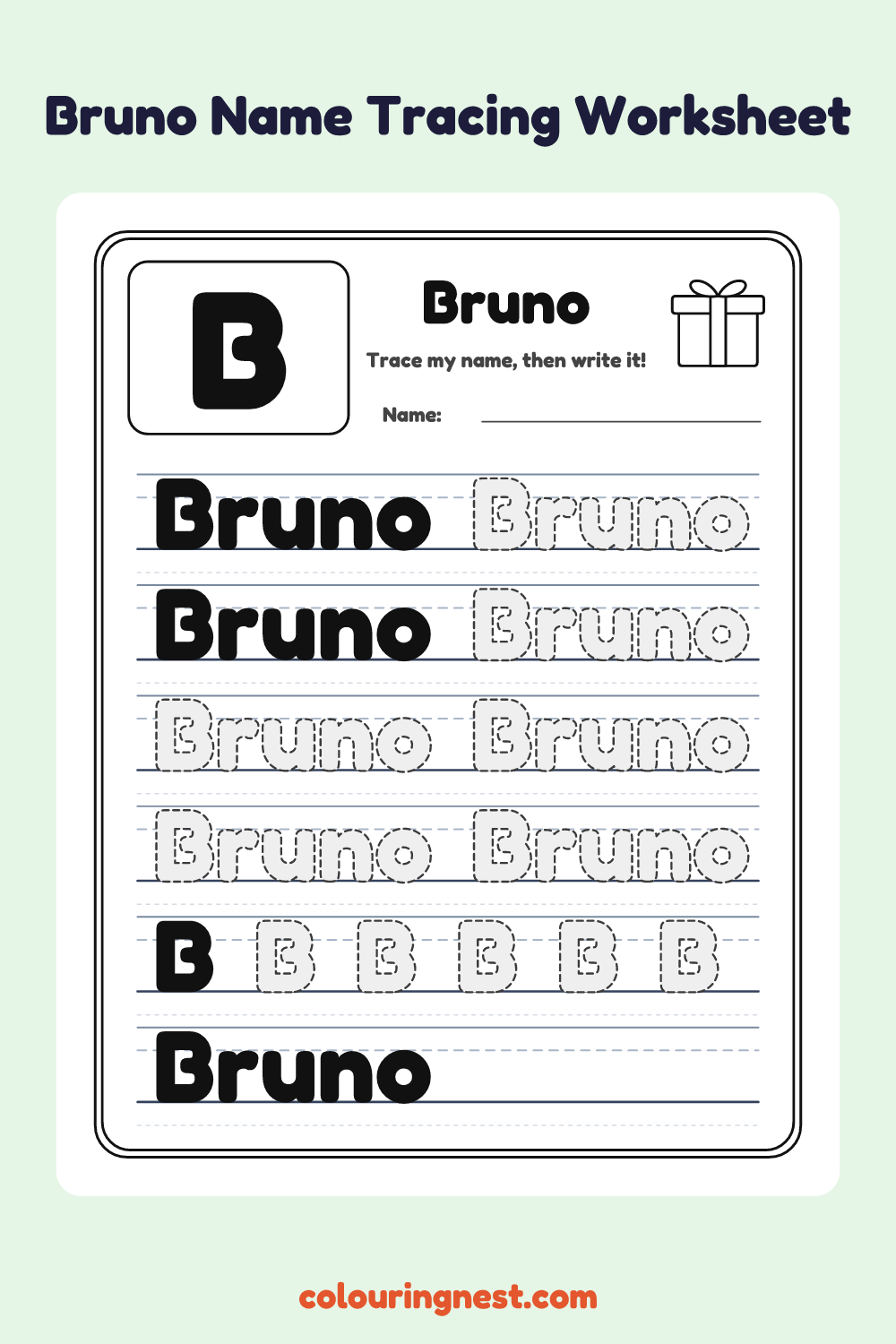 Bruno Name Tracing Worksheet: free printable black-and-white line art