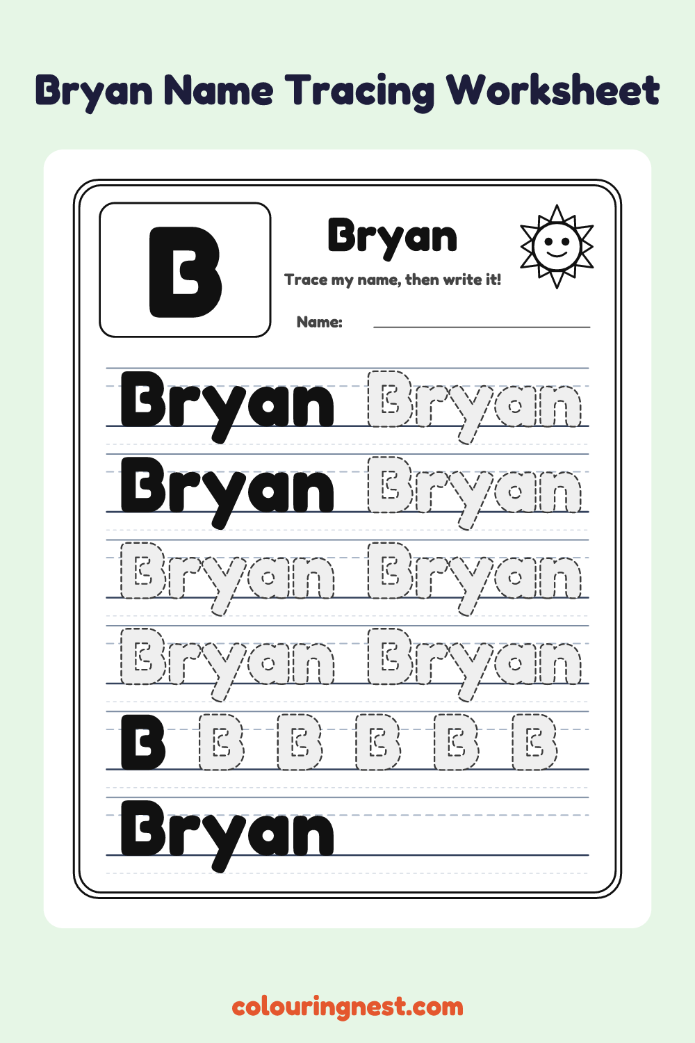 Bryan Name Tracing Worksheet: free printable black-and-white line art