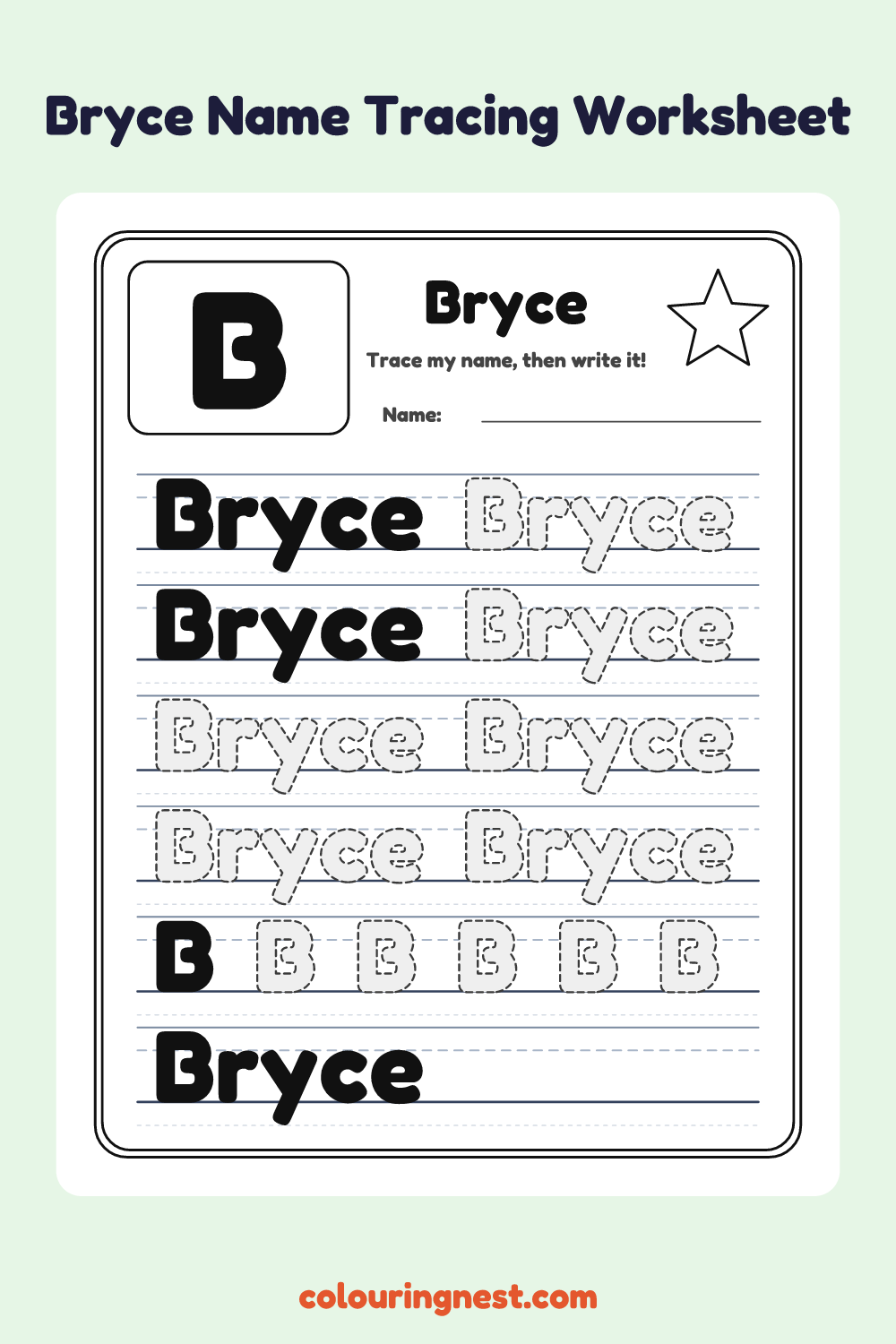 Bryce Name Tracing Worksheet: free printable black-and-white line art