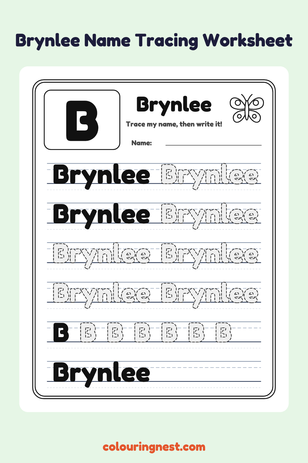 Brynlee Name Tracing Worksheet: free printable black-and-white line art