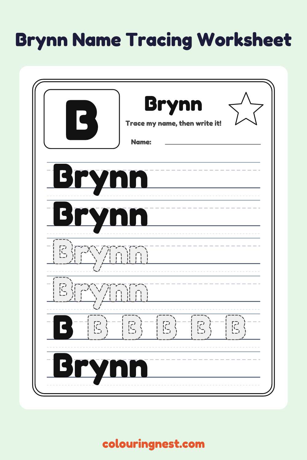 Brynn Name Tracing Worksheet: free printable black-and-white line art