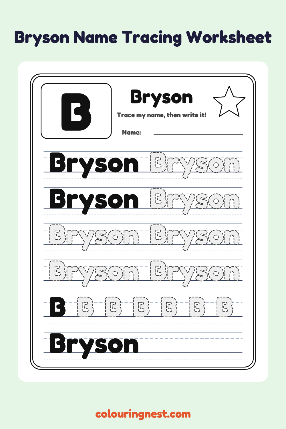 Bryson Name Tracing Worksheet: free printable black-and-white line art