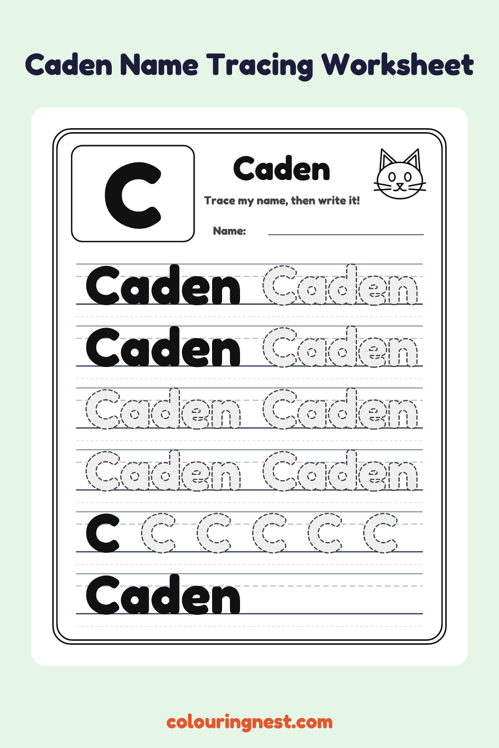 Caden Name Tracing Worksheet: free printable black-and-white line art