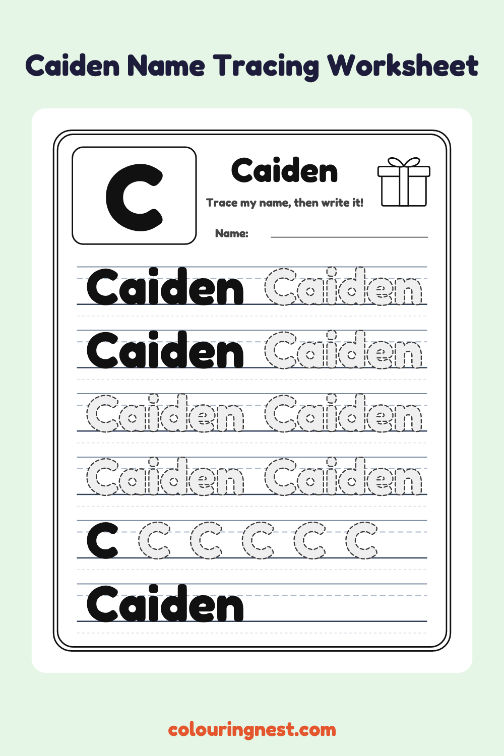 Caiden Name Tracing Worksheet: free printable black-and-white line art