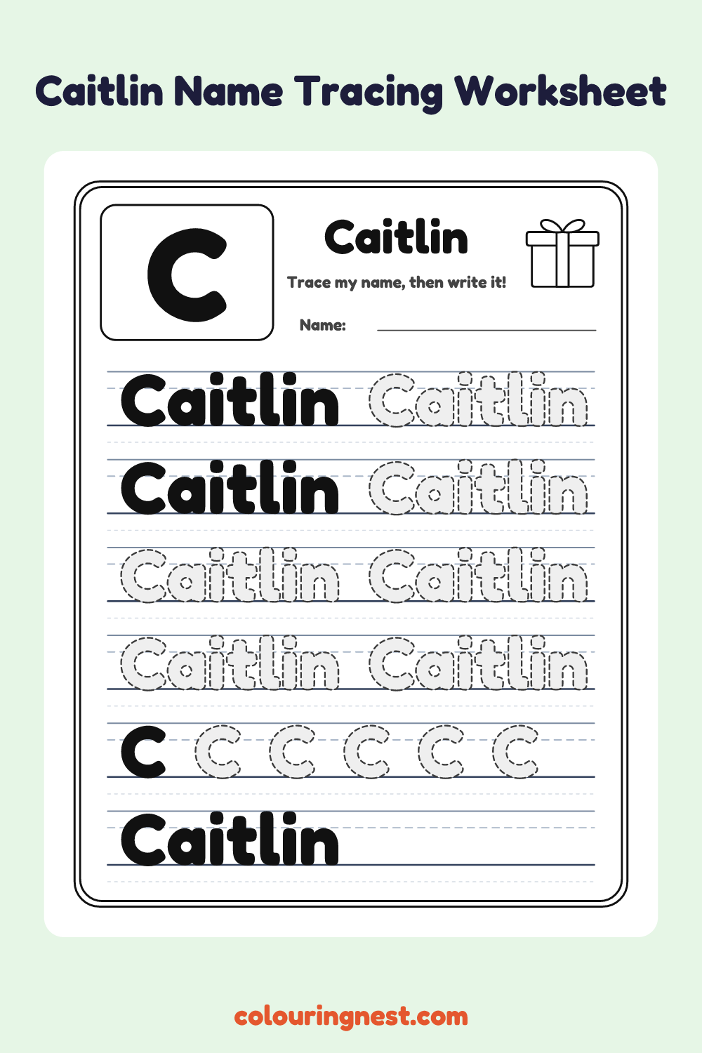 Caitlin Name Tracing Worksheet: free printable black-and-white line art