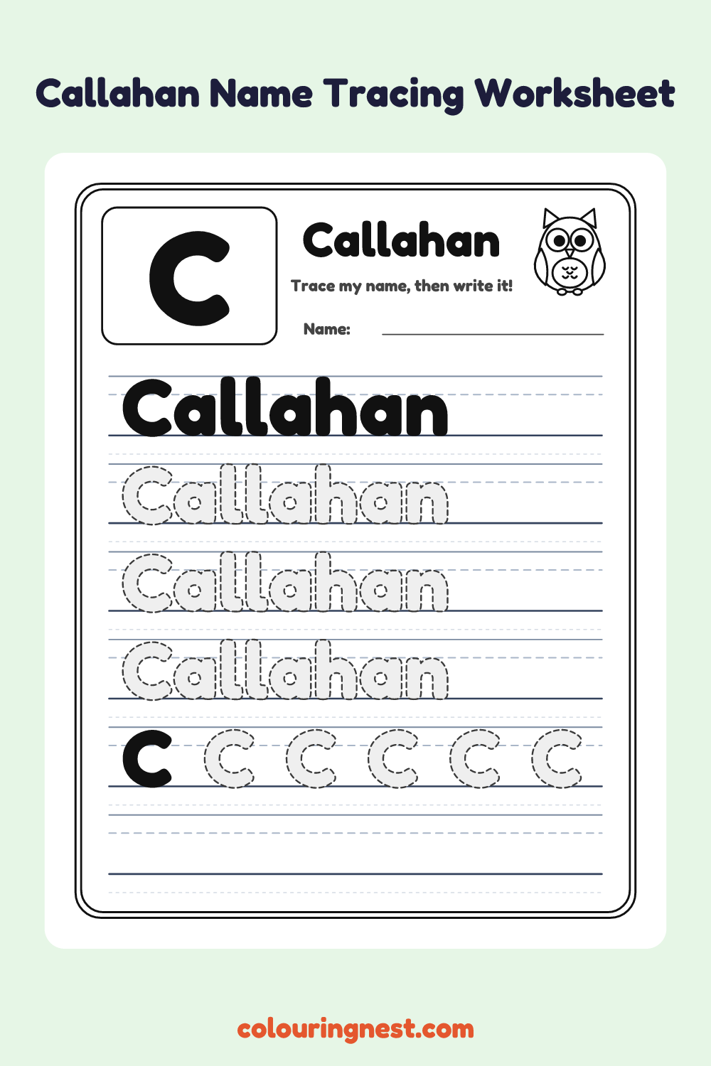 Callahan Name Tracing Worksheet: free printable black-and-white line art