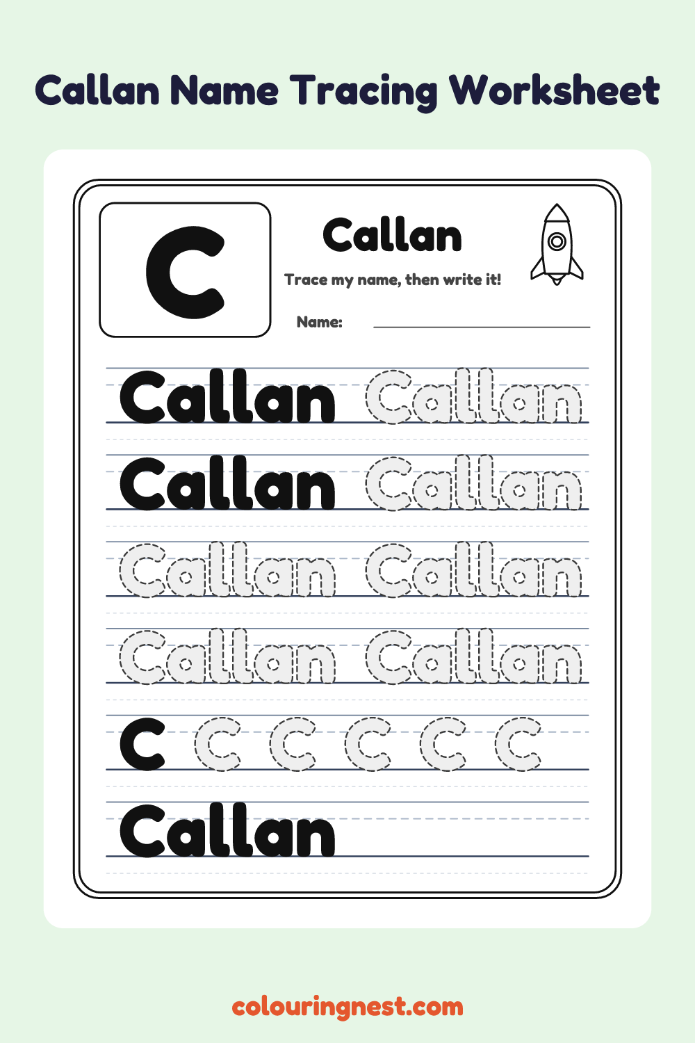 Callan Name Tracing Worksheet: free printable black-and-white line art