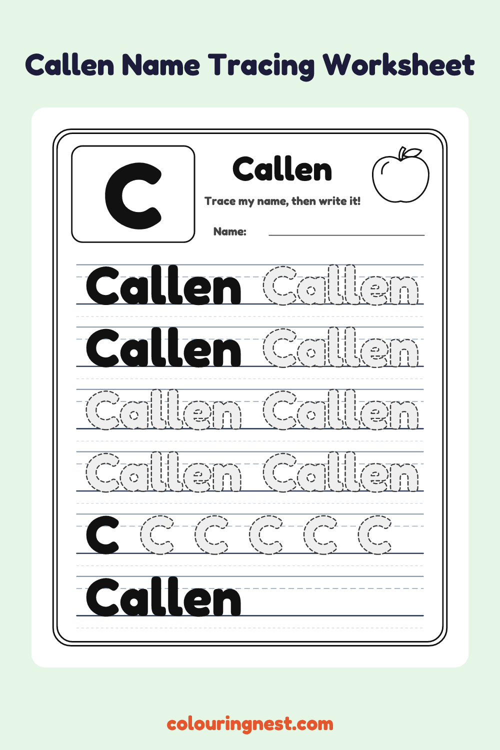Callen Name Tracing Worksheet: free printable black-and-white line art