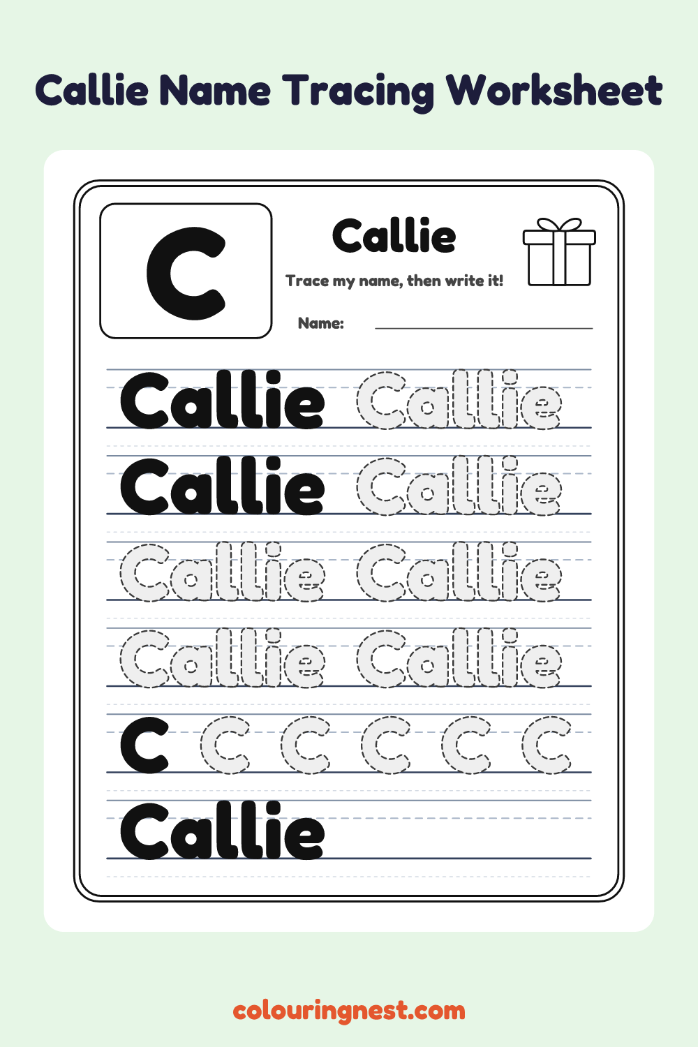 Callie Name Tracing Worksheet: free printable black-and-white line art
