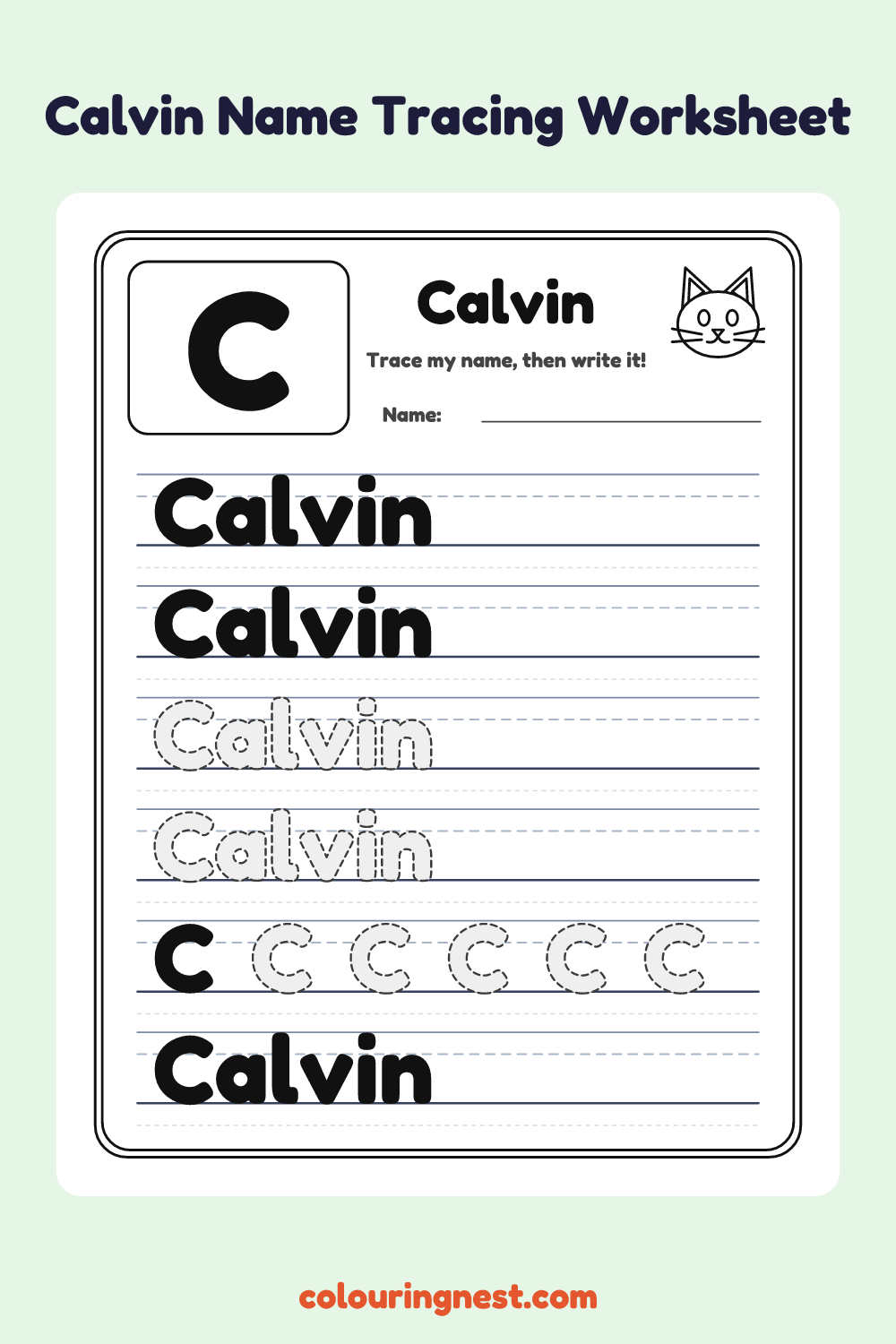 Calvin Name Tracing Worksheet: free printable black-and-white line art