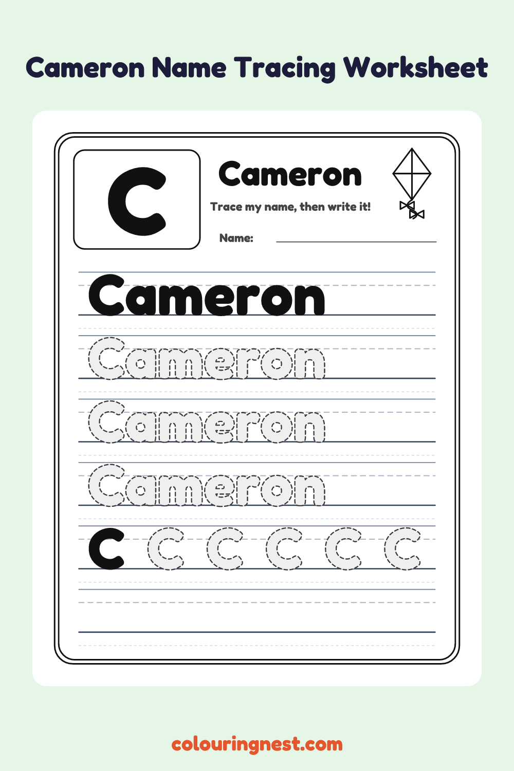 Cameron Name Tracing Worksheet: free printable black-and-white line art