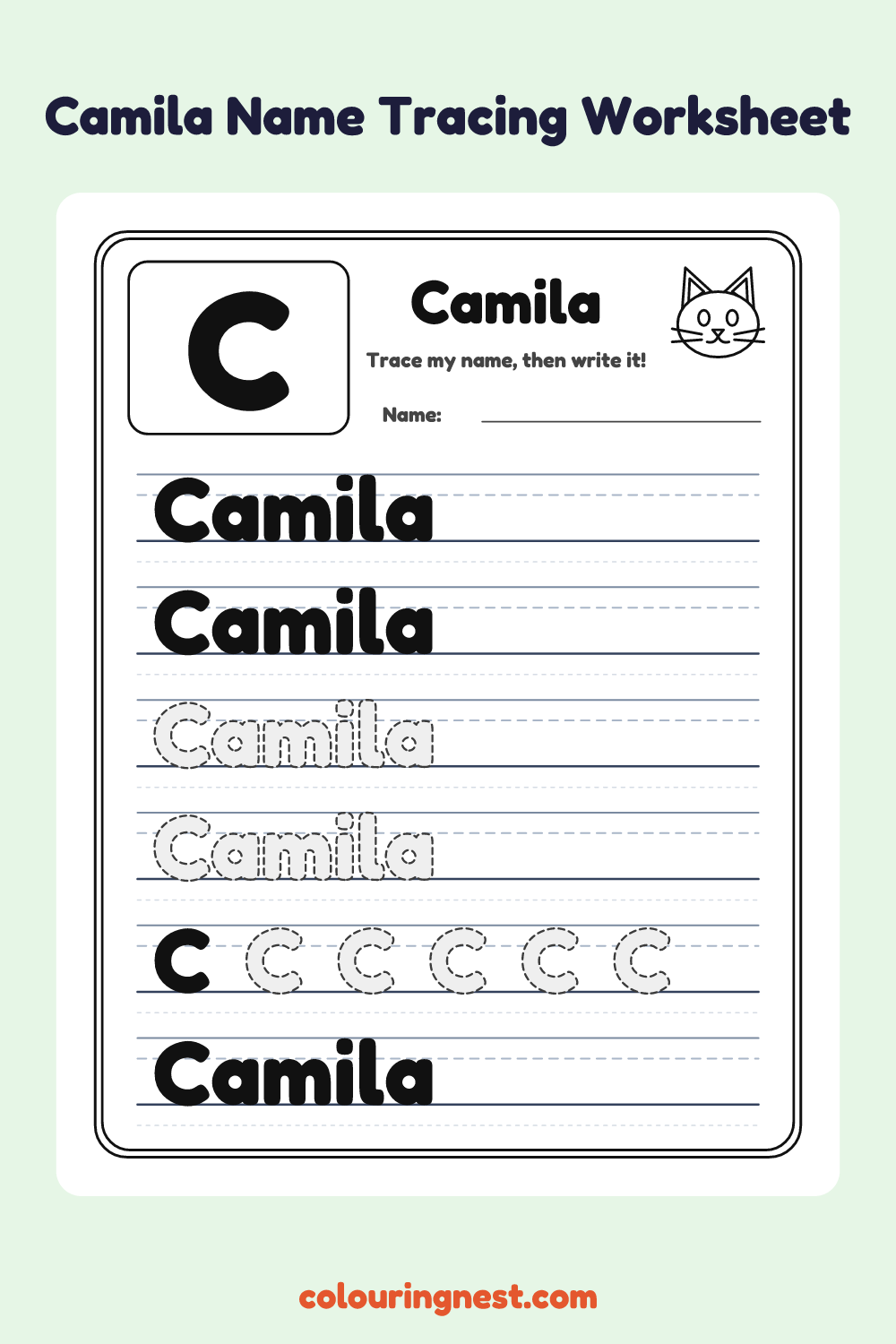 Camila Name Tracing Worksheet: free printable black-and-white line art
