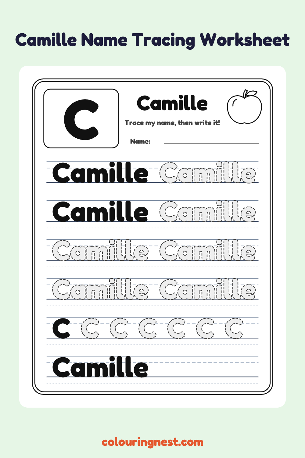 Camille Name Tracing Worksheet: free printable black-and-white line art