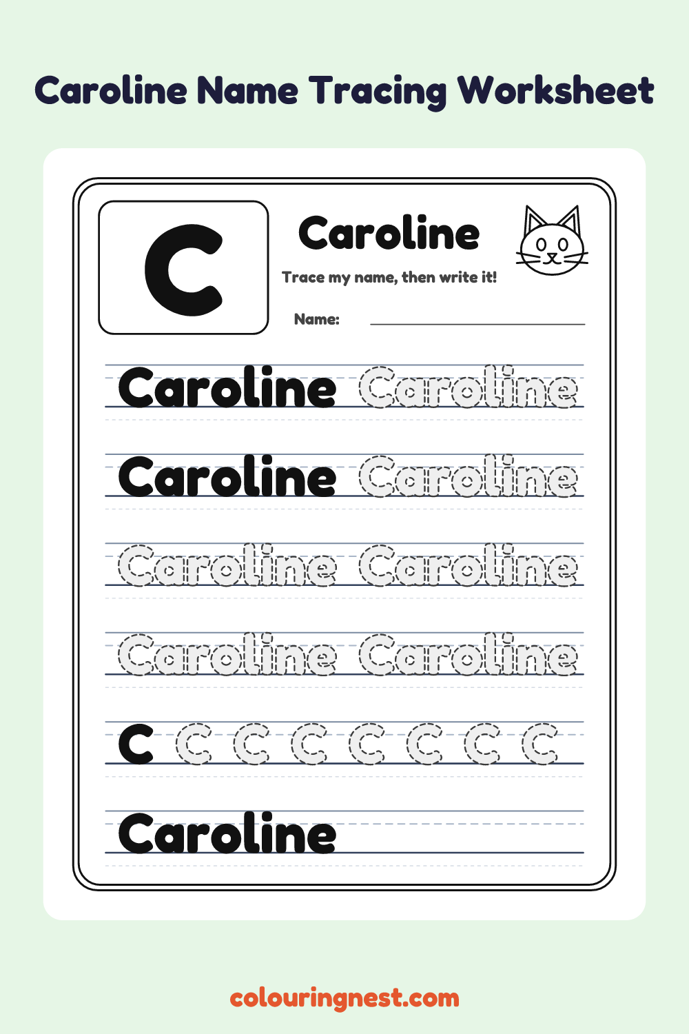 Caroline Name Tracing Worksheet: free printable black-and-white line art