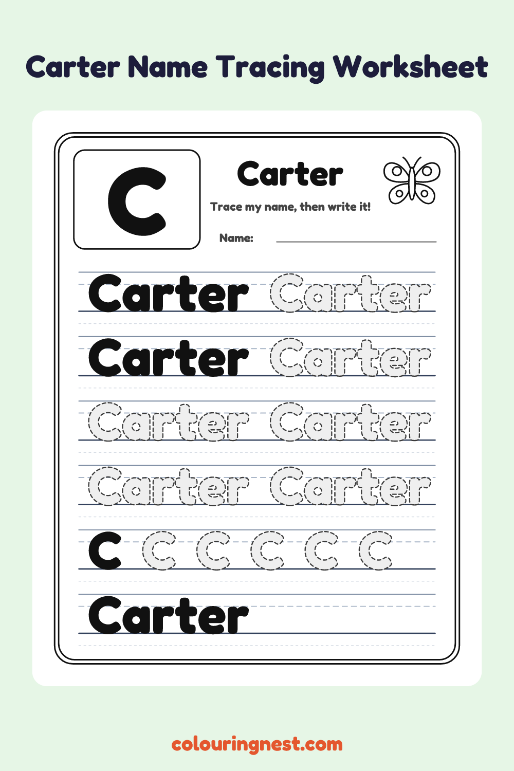 Carter Name Tracing Worksheet: free printable black-and-white line art