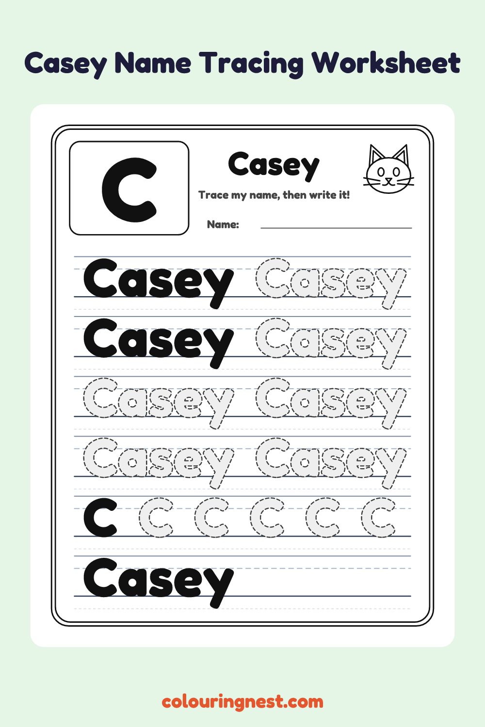 Casey Name Tracing Worksheet: free printable black-and-white line art