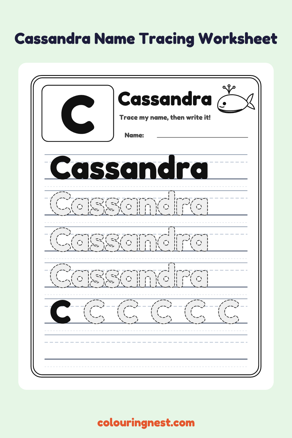 Cassandra Name Tracing Worksheet: free printable black-and-white line art