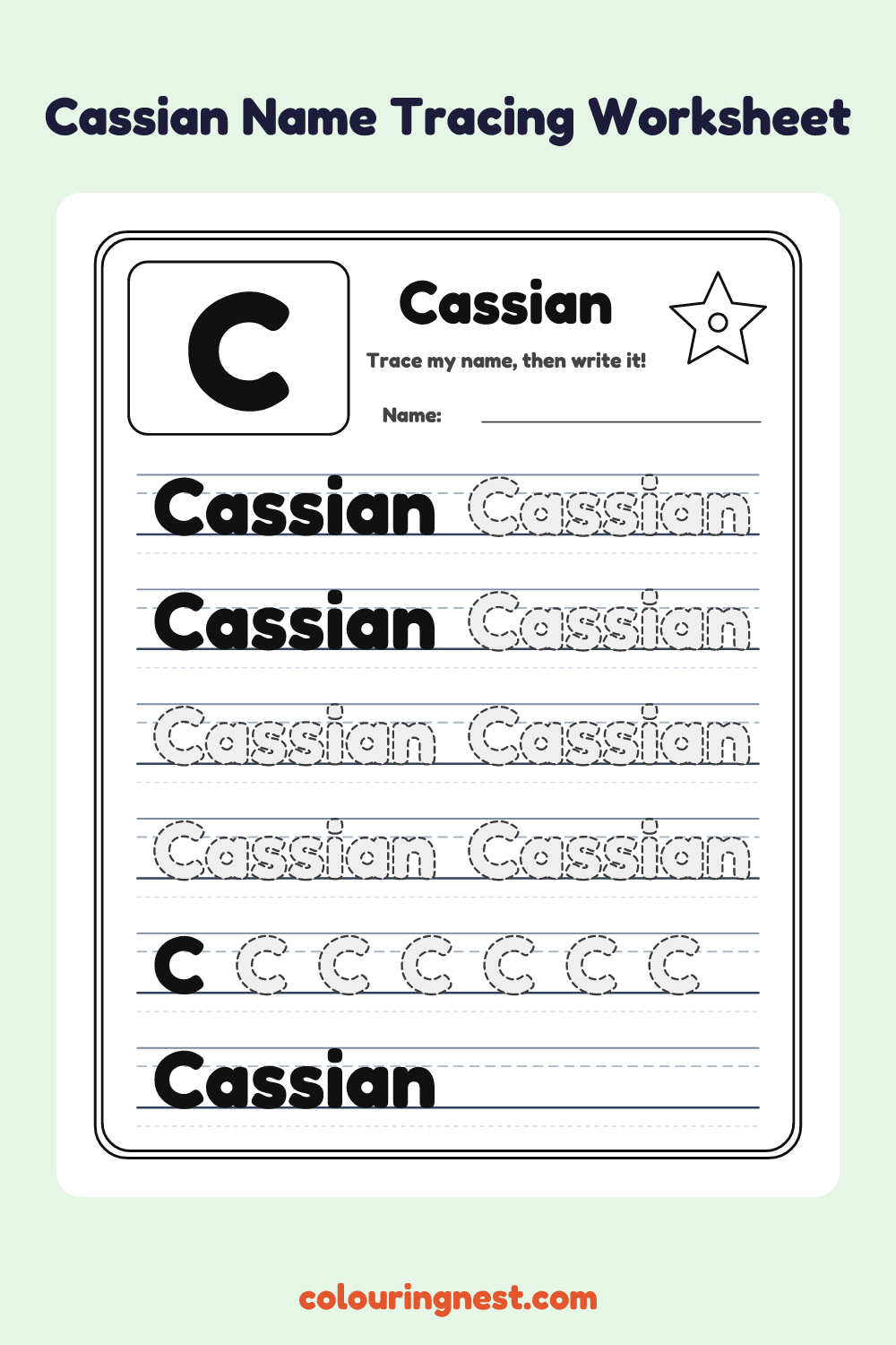 Cassian Name Tracing Worksheet: free printable black-and-white line art